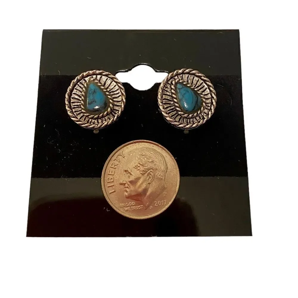 Southwest Style Button Earrings w/ Marbled Faux Turquoise Center.